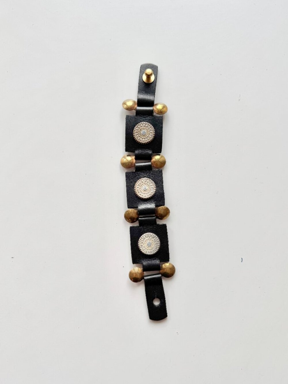 BRAVE CANADA Black Leather Brass Copper Embellished Medallion Cuff Bracelet